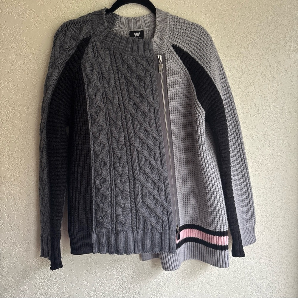 W By Worth 100% Wool Zip Up Sweater Jacket Cableknit Mixed Media Asymmetrical